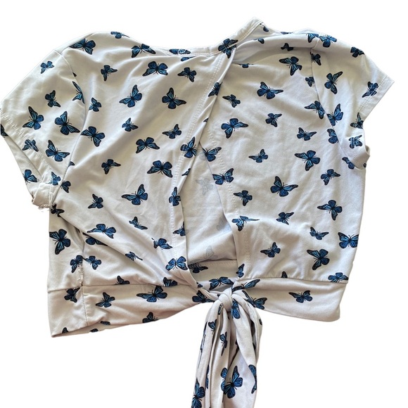 {Bell Tweed} Butterfly Open Back with Tie Closure Cap Sleeve Crop Top - Picture 4 of 5